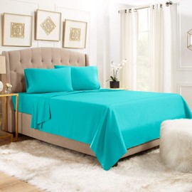 Queen Size Bed Sheets Set, Teal Turquoise - Soft Luxury Best Quality 4-Piece Bed Set - Features Special Tight Fit Corner Straps on Extra Deep Pocket Fitted Sheets + Fun"Better Sleep Guide"