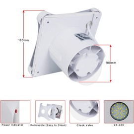 Hon&Guan 100mm Badlüfter mit LED, 95m³/h Wandventilator Abluftventilator, IP44 Ablüfter WC Lüfter für Badezimmer, Küche, Lüfter, WC, Wohnzimmer, Schlafzimmer, Decke, Weiß