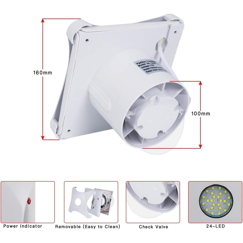 Hon&Guan 100mm Badlüfter mit LED, 95m³/h Wandventilator Abluftventilator, IP44 Ablüfter