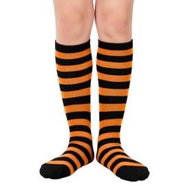 Komorebi Kids Soccer Socks Toddler Knee High Tube Socks Three Stripes Cotton Uniform Sports Stocking for Girls Boys 1 Pack Black Orange Stripes One Size