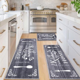 Vaukki Boho Kitchen Rug Sets 3 Pieces, Washable Kitchen Mats for Floor, Non Slip Soft Kitchen Area Rug Floor Mat for Kitchen, Laundry Room and Hallway (Grey, 20''x32''+20''x47''+20''x59'')