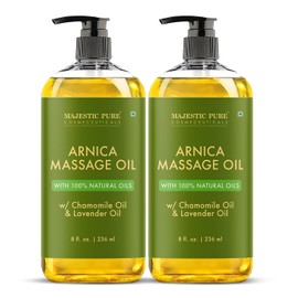 MAJESTIC PURE Aceite de masaje muscular de árnica para el cuerpo, el mejor aceite de terapia natural con aceites esenciales de lavanda y manzanilla, calentamiento, relajación, masajea las articulaciones y los músculos, 8 onzas, juego de 2