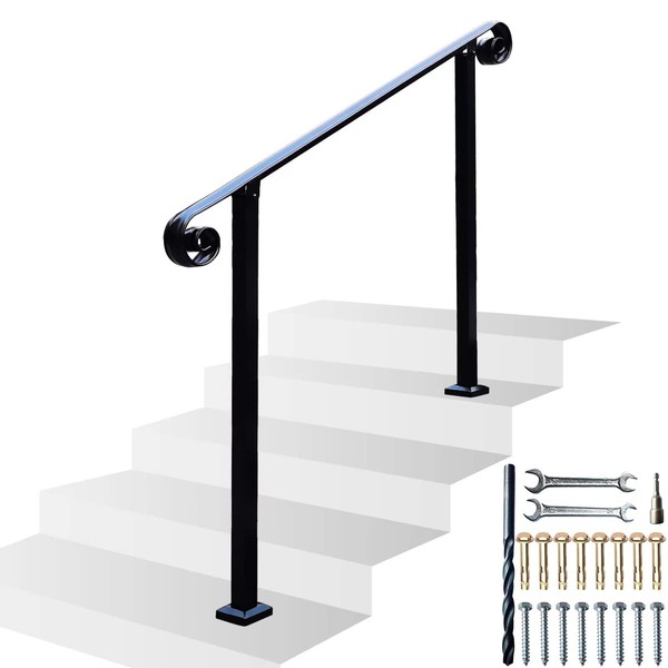 Exterior Stair Railing Kit, Handrails for Outdoor Steps Railings, Stairs Handrail Metal Wrought Iron Hand Rails for Deck Gates Porch Concrete Fit 3-4 Step Outside