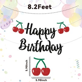 Cherry Birthday Banner - Cherry 1st Birthday Banner, Fruit Theme Bday Party Decorations Black Glitter