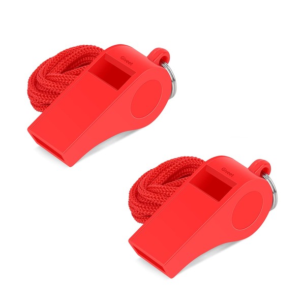Giveet 2 Packs Red Emergency Whistles with Lanyard, Loud Crisp Sound, Durable Plastic Whistle for Indoor Outside Sports, Coaches, Referees, Officials, Lifeguard, Self-Defense and Emergency