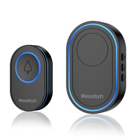 Wesstun Wireless Doorbell, IP67 Waterproof Plug in Doorbell Wireless with 39 Chimes, 5 Levels Volume Adjust & LED Indicator, Easy Install at Home, Classroom & Warehouse, Black