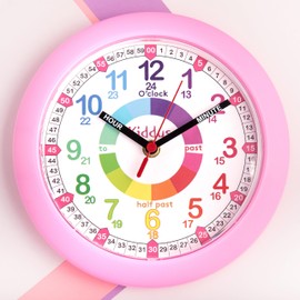 Kiddus Kid’s Wall Clock Analogue Time Teacher with Time Learning Exercises, Silent Clock, Multiple Languages, English ,Pink