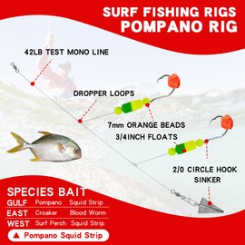Pompano Rig for Surf Fishing - 6 PCS Pompano Rigs Saltwater for Pompano Bait, Whiting Rigs - Pompano Floats,2/0 Fishing Hooks,Mono line and Crane Swivel Snaps (Style1-Green&Yellow, 2Arms-6PACK)