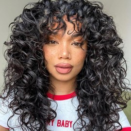 Nuxovin Big Curly Wigs Human Hair for Women Long Curly Afro Wig with Bangs Realfor Cosplay and Daily Use Black Breathable Capless Lightweight Tangle Free