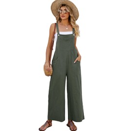 Flygo Jumpsuits for Women Cotton Linen Bib Overalls Loose Fit Wide Leg Jumpsuits Casual Rompers with Pockets(ArmyGreen-M)
