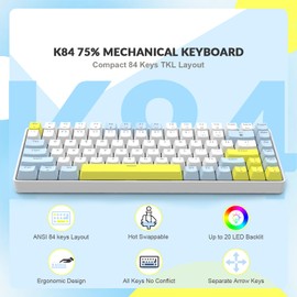 LexonElec RK-84 Portable Mechanical Gaming Keyboard,Rainbow LED Backlit Compact 84 Keys Mini Wired Office Keyboard with Red Switch for Windows Laptop PC Mac-White/Blue/Orange