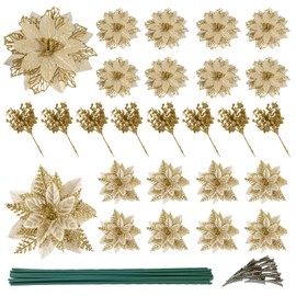 gonfaci 24 Pcs 3 Styles Christmas Glitter Poinsettia Flowers Artificial Picks, 16 Pcs Christmas Flowers 8 Pcs Christmas Tree Picks, Christmas Tree Ornaments for Xmas Holiday Wedding Decor, Gold