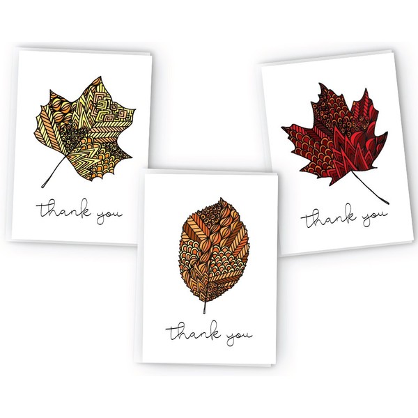 Autumn Leaves Zentangle Fall Thank You Cards - 24 Cards & Envelopes