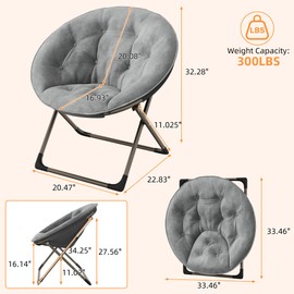 Saucer Chair, Comfy Chair Faux Fur Lounge Moon Chair with Folding Metal Frame, Oversized Plush Foldable Flower Accent Seat for Adults, Teens, Bedroom, Dorm or Living Room(1PCS, Grey)