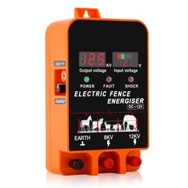 5.5J Electric Fence Charger Energizer, 5.5 Joules 200 Acres, AC DC 2 in 1 Powered Supply, Input 12V Output 8 KV or 12KV, with Display and Alarm, Contain Cattle Cow and Livestock, No Remote