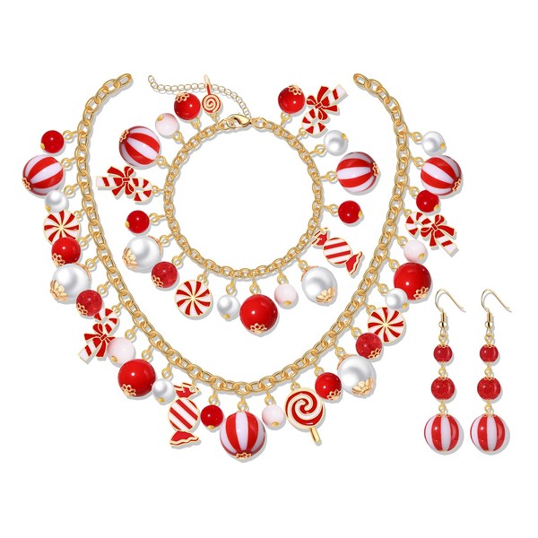 HSWE Christmas Candy Cane Jewelry Set Red White Candy Cane
