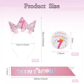 Vyqrx Decorations for Girls, Princess Crown Headband, Glitter Girl Sash and 7 Badge Set, Girls Party Decorations for Princess Theme (Pink 7th)