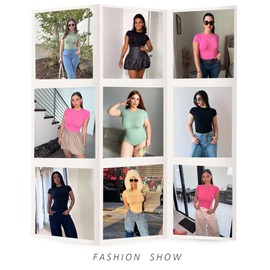 FeelinGirl Shapewear Bodysuits Crew Neck Bodysuit Womens Tummy Control Body Suits Short Sleeve Tops Black X-Small-Small