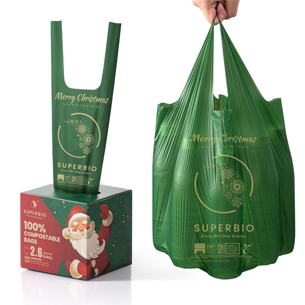 SUPERBIO 2.6 Gallon Compostable Handle Tie Trash Bags, 100 Count, 1 Pack, Christmas Gift Package,Christmas Special Edition