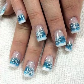 Christmas Press on Nails Short Square French Tips Fake Nails Blue White Coffin Nails Tips Full Cover False Nails with Design Snowflake Acrylic Nails Winter Christmas Glue on Nails Kit for Women 24Pcs