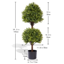 THE BLOOM TIMES 40 Inch Artificial Topiary Double Ball Boxwood Tree, Set of 2 Fake Potted Plants Faux Bushes & Shrubs Plants for Outdoor Planter Front Proch Decor
