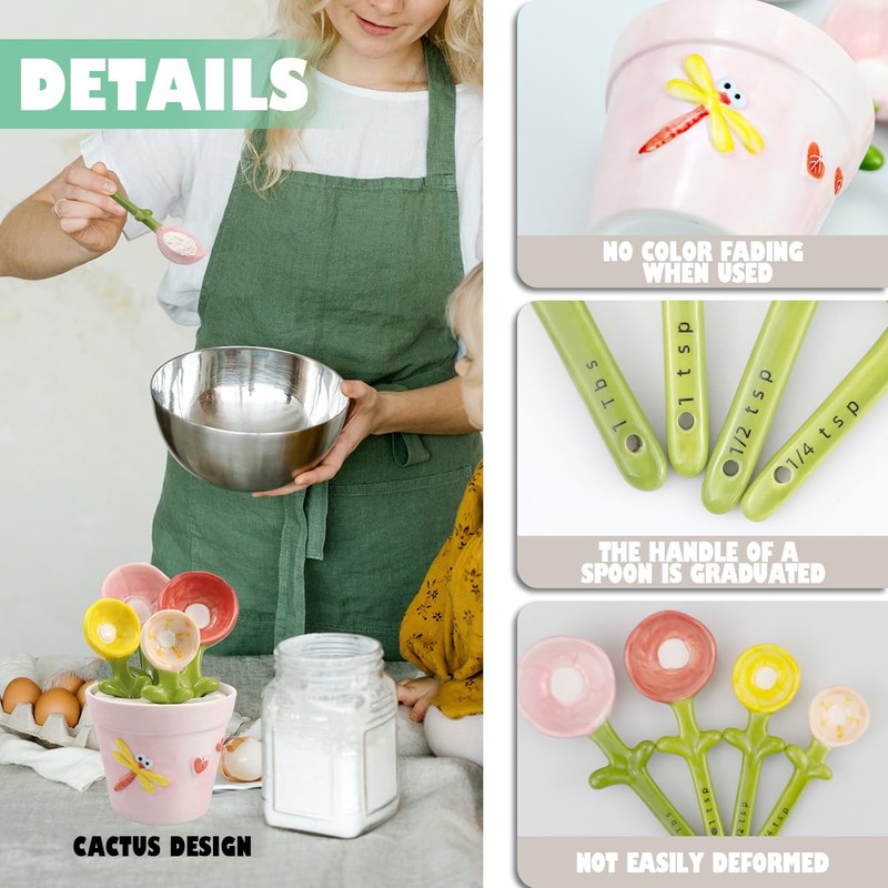 DOERDO Ceramic Measuring Spoons with Holder, Flower Measure Scoops for