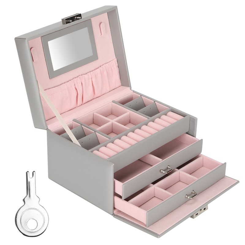 Three Layer Jewelry Storage Box PU Leather Necklace Rings Earrings