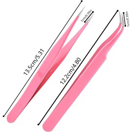 2pcs Straight and Curved Pointed Tweezers for Eyelash Extension - Nail Sticker Rhinestones Gems Picker - Stainless Steel Precision Tweezers(Pink)