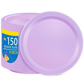 WELLIFE Lavender Party Plates 9 Inch -150 Count, Disposable Plastic Dinner Plates for Party Easter Mother's Day Wedding Birthday Picnic Graduation
