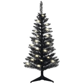 Maylaviu 4FT Christmas Tree with Lights Pre-Lit, Halloween Black Xmas Tree, 50 Warm White Lights, Mini Tabletop Christmas Tree for Home, Shops and Holiday Decoration, Black Tinsel