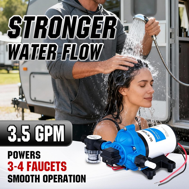 DC HOUSE 12V RV Water Diaphragm Pump Quiet Replacement, 3.5GPM