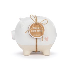 DEMDACO Learn to Save, 5 x 4 Inch Ceramic Stoneware Removable Stopper, Coin Savings Keeper Piggy Bank, White and Pink