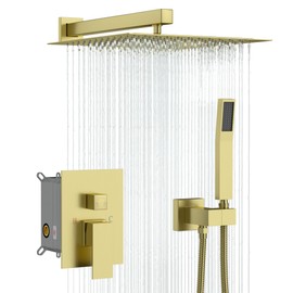Lordear Rain Shower System Wall Mounted Shower Faucet Set - 10 Inch Stainless Steel Shower Head Handle Set and Solid Brass Valve, Brushed Gold Finish