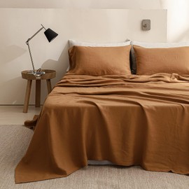 Simple&Opulence 100% Linen Sheet Set Solid Color-4 Pcs Washed French Linen Bed Sheets(1 Flat Sheet,1 Fitted Sheet,2 Pillowcases)-Breathable Bedding Set(California King,Rust)