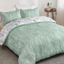 Lunoroey Sage Green Duvet Cover Set Double Size Floral Bedding Set Plants Flowers Botanical Printed Reversible Duvet Covers All Season Bedding Soft And Easy Care