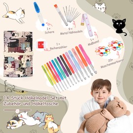 Coopay Crochet Hook Set with Roll Bag, 14 Pieces Crochet Hooks for Arthritic Hands, 2.0-10 mm Longer Crochet Hooks with Smooth Hooks with Soft Handle, Crochet Set for Beginners with Accessories, Cute