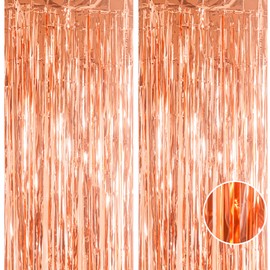 2pcs 3.2 x 8.3ft Glitter Rose Gold Tinsel Curtain Foil Curtain Decorations Metallic Tinsel Door Hanging Foil Flow Silk Streamers Photo Backdrop Decoration for Birthday Wedding Hen Do Wall Streamers