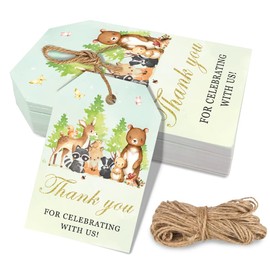 50 Pcs Woodland Animals Thank You Gift Tags, Thank You for Celebrating with Us Tags for Woodland Creature Baby Shower or Birthday Party (Green)