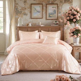 Chumerry Rich Satin Comforter Set Light Pink Pintuck Bedding Set King Size Bed in a Bag Extra Smooth Luxury Silk Like Silky Duvet Diamond Geometric Pinch Pleat Bed Set