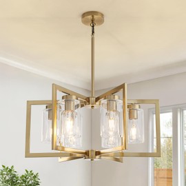 6 Light Brushed Gold Chandelier, 24" Farmhouse Chandeliers for Dining Room, Metal Geometric Hanging Light Fixture with Clear Glass Shade Modern Lighting for Kitchen Island Living Room Foyer Porch