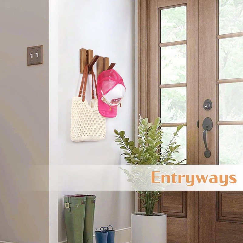 KINGSOW 2Pack Wooden Coat Hooks: Folding Rustic Wall Mounted Hook