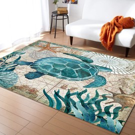 T&H XHome Chic Area Rug Collections-Luxury Ultra Soft Comfort Anti Slippery,Sea Turtle Ocean Animal Nautical Map Modern Carpet Mat Rugs for Indoor/Bedroom/Living Room Decor