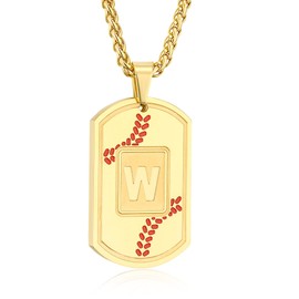 Fervia Baseball Initial Necklace for Men Dog Tag Stainless Steel Gold Letter Pendant Sport Baseball Athletes Jewelry Gifts for Men Boys Teen Kids Boyfriend with 22+2 Inches Stainless Steel Chain(W)