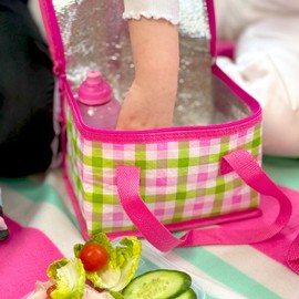 Fashion Stationery Lunch Bag Insulated Cooler Kids Adults Folding Reusable Pack Lunch Bags for Girls Boys Kids Picnic Bag Gingham Pink and Lime Green