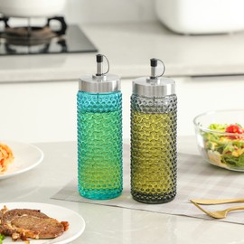 1500° C TABLETOP Hobnail Oil and Vinegar Dispenser set of 2, 16.7 oz, Blue and Gray Colored Olive Oil Glass Bottle Set No Drip with Metal Pour Spout for Kitchen Cooking and Grilling