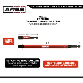 ARES 22027 – 2-in-1 Impact Bit and Socket Adapter Set – 3-Inch and 8-Inch Adapters - Unique Design Holds Standard 1/4-Inch Hex Bits and 3/8-Inch Drive Sockets – Spinning Sleeve Stabilizes Adapter