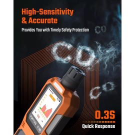 TOPTES CT-580 Portable CO Detector | Rechargeable with Alarm, TFT Display, 0-1000PPM