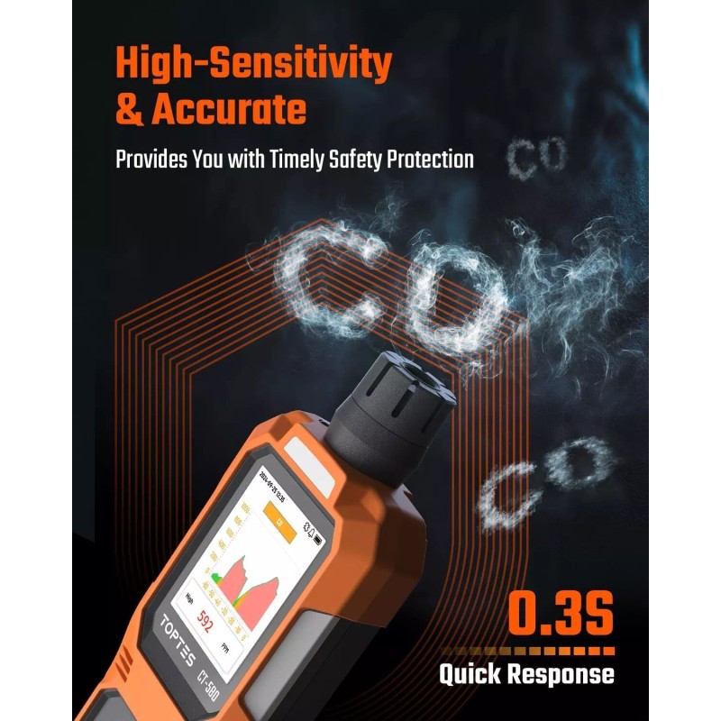 TOPTES CT-580 Portable CO Detector | Rechargeable with Alarm, TFT