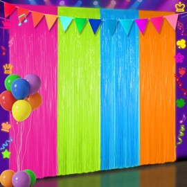 4 Pack Glow in The Dark Party Supplies, 13.2 x 6.6 ft Neon Party Decorations Foil Fringe Curtains with Tinsel Backdrop, Fluorescent Green/Orange/Pink/Blue Streamers for Birthday Holiday Decor