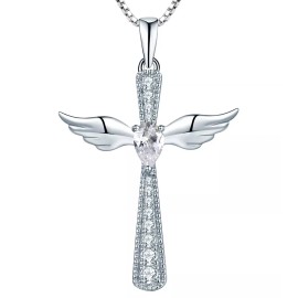 Paris Jewelry 18K White Gold 1/2Ct Created White CZ Angel Wing And Cross Necklace Plated
